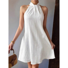 (M, White) Women'S Pearl Beaded Halter Twist Sleeveless Pleats Dress A Line Short Dress Apricot Color XS