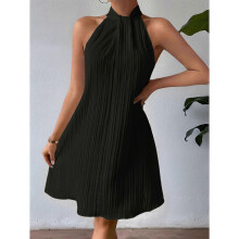 (Xl, Black) Women'S Pearl Beaded Halter Twist Sleeveless Pleats Dress A Line Short Dress Apricot Color XS
