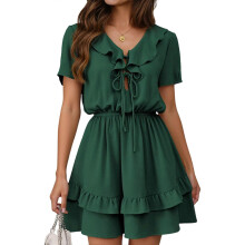(Xl, Green) Womens Tie Front Mini Dress V Neck Short Sleeve Layer Ruffle Hem Dress with Pockets Black