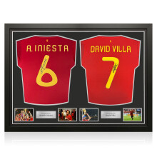 Andres Iniesta & David Villa Signed Spain 2020 Football Shirts. Dual Frame