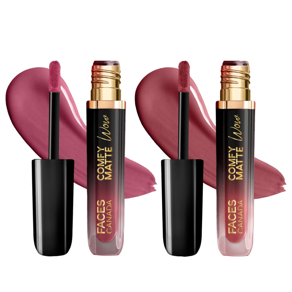 Facescanada Pink,Purple Faces Canada Comfy Matte Wow Liquid Lipstick - The Soft Edit, (3.8Ml X 2) | Pink Petal 09 + Mauve Majesty 02 | Long Lasting | Matte Finish | Lipstick