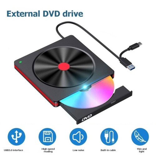 External CD DVD +/-RW Burner USB 3.0 Type-C BD/DVD/CD ROM Reader Reader DVD Player Drive for PC Laptop Desktop 1
