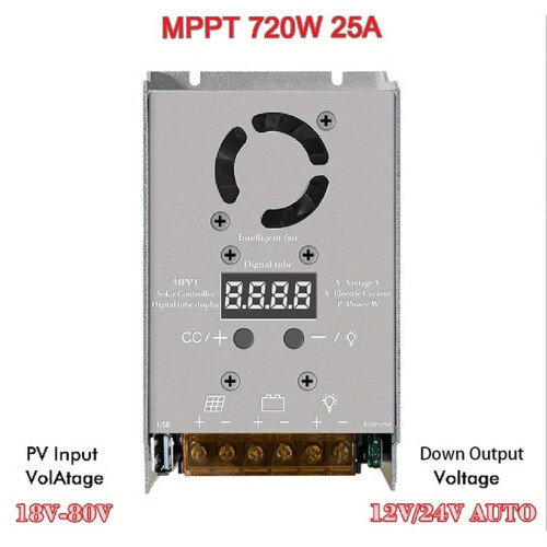 25A MPPT Step-Down Solar Charge Controller,720W Input 18-80V,Auto Step-Down for 12V/24V Lithium,Lead-Acid,Gel Battery 1