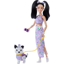 Barbie Twinning Looks Puppe mit passendem Hund in lila Gänseblümchen-Outfit