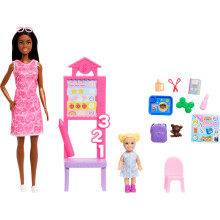 Barbie Careers Teacher Playset with Fashion Doll Wearing Removable Dress, Toddler Small Doll, Classroom Board & Accessories