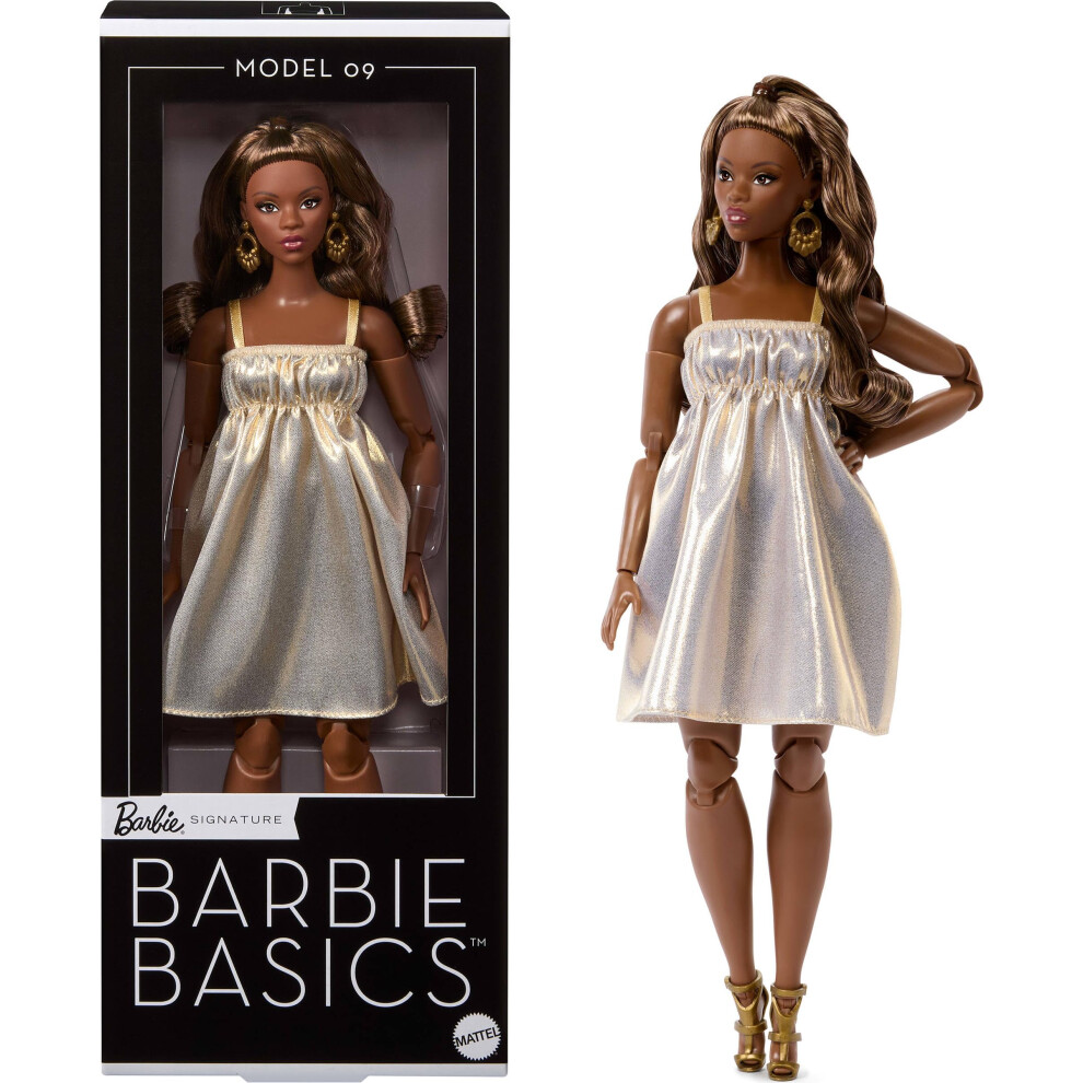 Barbie Basics Model Collector Fashion Doll 09 With Brunette Hair In Golden Dress & Strappy Heels, Universal-Fit Fashions & Posable Body