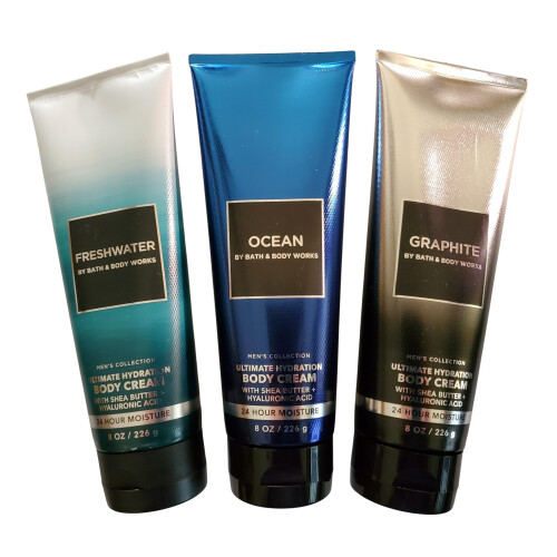 Bath & Body Works Creme Corpo Ultimate Idratazione Freshwater, Graphite, Ocean 8 Oz 3 Pezzi