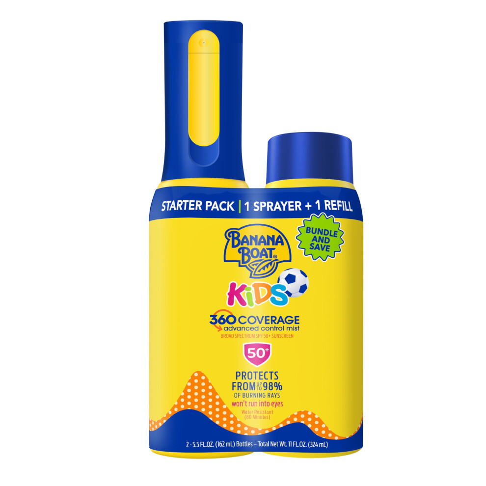 Banana Boat 360 Coverage Kids Sunscreen Mist Spf 50 Bundle | Non-Aerosol Kids Sunscreen Spray With Refill, Childrens Sunblock Spray Spf 50, 5.5Fl Oz E