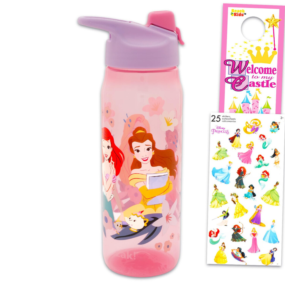 Disney Princess Water Bottle Bundle - School Supplies Set With 20 Oz Drinking Cup Featuring Ariel, Belle, Rapunzel Plus Stickers, More Princess Reusab