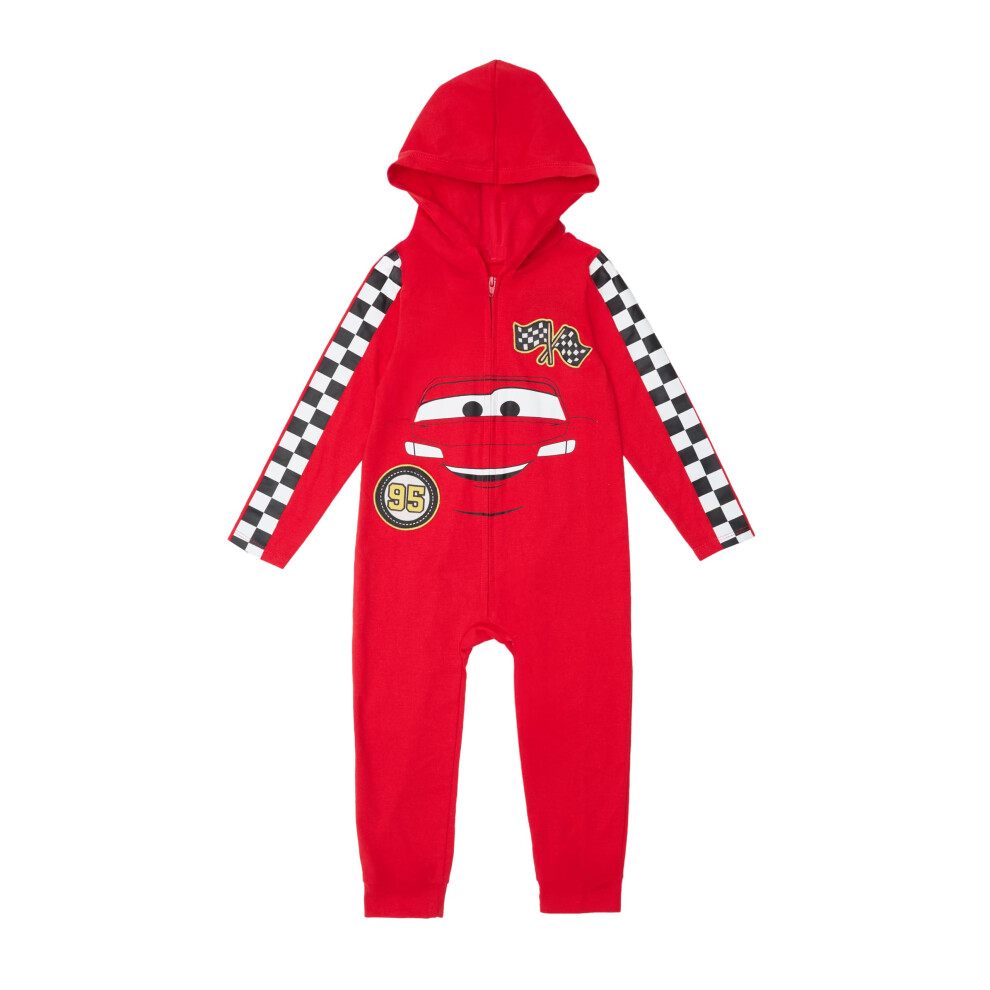 Disney Pixar Cars Lightning Mcqueen Toddler Boys Zip Up Cosplay Coverall With Hood (, 2T) Red