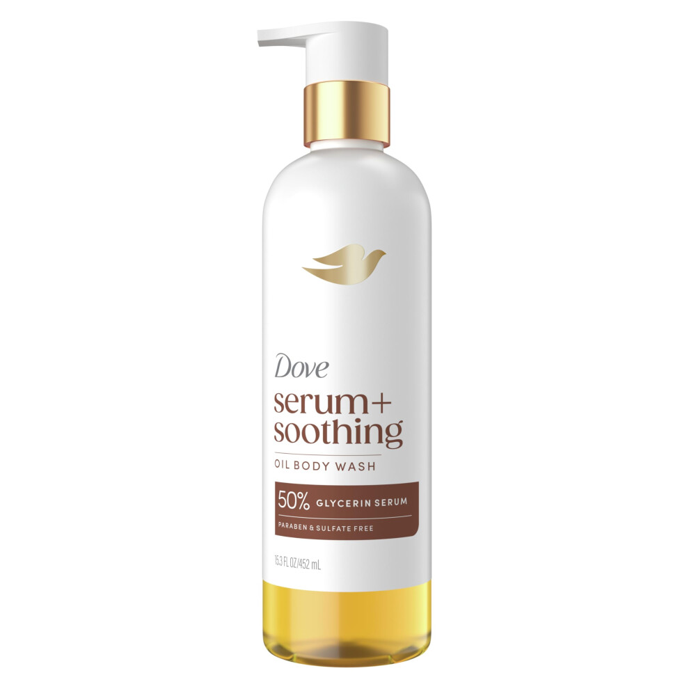 Dove Serum+ Shower Oil Body Wash With Glycerin Serum, Almond Oil & Sandalwood, Soothing Hydrating Cleanser, 15.3 Fl Oz