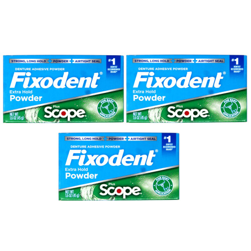 Fixodent Proteslimmade Pulver, Extra Stark, Plus Scope, Långvarig Hållkraft, 1.6 OZ, 3-Pack