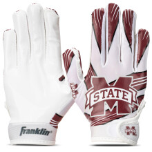 Franklin Sports Mississippi State Bulldogs Kids Football Gloves -Youth Official NCAA College Team - Silicone Palm for Kids Ages 7-10 -Youth Small/Extr