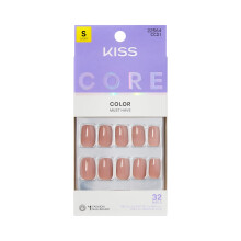 KISS CORE, Press-On Nägel, Nagelkleber enthalten, 'Embullience', Beige, Kurzgröße, Squoval-Form, 32 Nägel, 2g Kleber, 1 Manikürstick