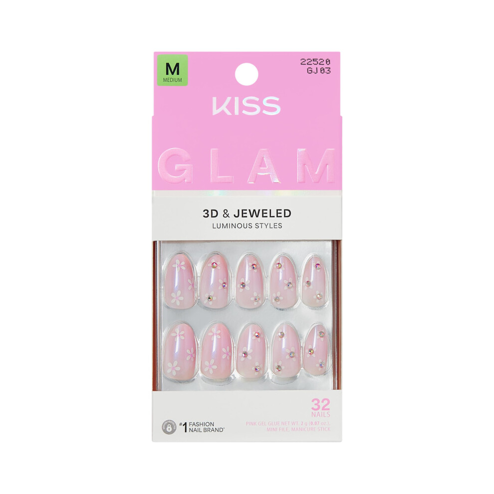 Kiss White Glam, Press On Nails, Nail Glue Included, 'Breeze Of Bliss', Medium Size, Almond Shape, Includes 32 Nails, 2G Glue, 1 Manicure Stick, 1 Mi