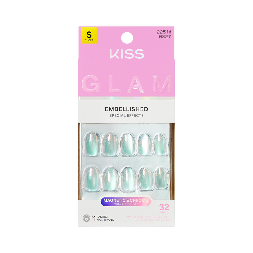 Kiss Blue Glam, Press On Nails, Nail Glue Included, 'Celestique', Short Size, Round Shape, Includes 32 Nails, 2G Glue, 1 Manicure Stick, 1 Mini File