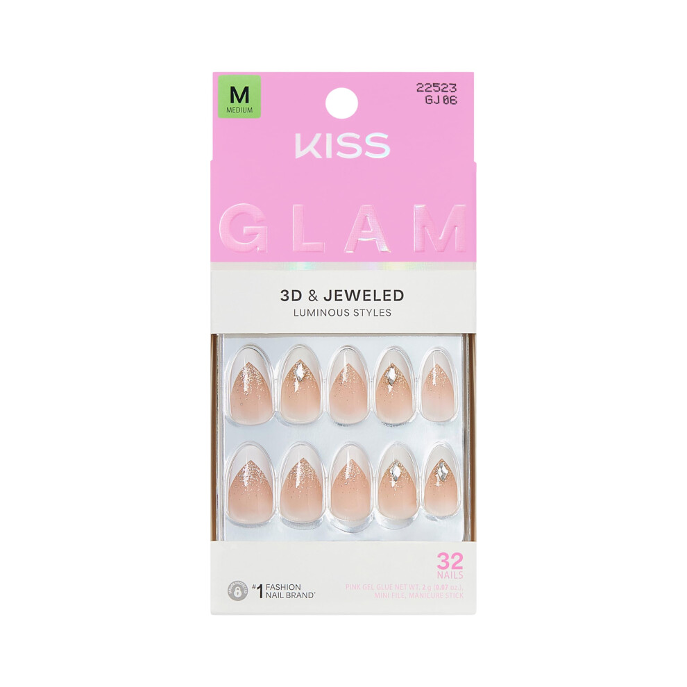 Kiss White Glam, Press On Nails, Nail Glue Included, 'Applause', Medium Size, Almond Shape, Includes 32 Nails, 2G Glue, 1 Manicure Stick, 1 Mini File