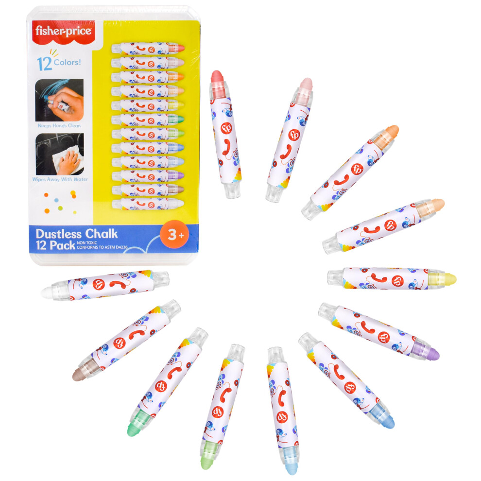 Fisher-Price Dustless Chalk Set - 12 Bright Colors With Adjustable Holders, Portable Storage Case, Washable Art Supplies, Safe & Non-Toxic, Draw On Ch