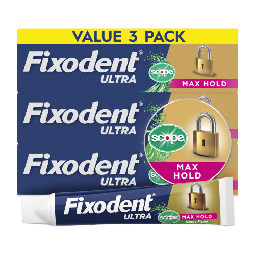 Fixodent Ultra Max Hold Plus Scope, 1.8oz, 3 Pack d'Adhésif pour Prothèses