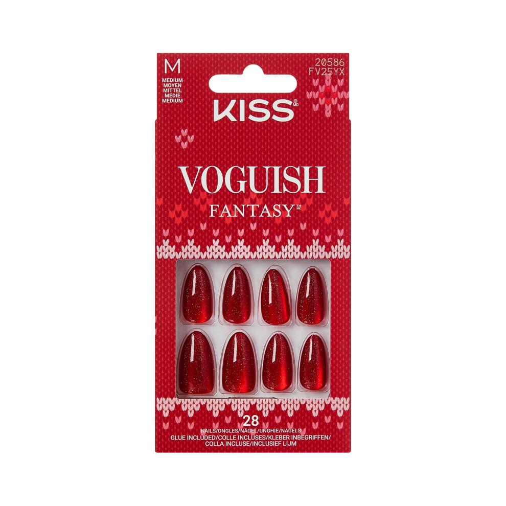 Kiss Pink,Red Voguish Fantasy Holiday Press On Nails Almond, Carol For You, Red, Medium, No Damage To Natural Nails, Pink Gel Nail Glue (2G), Mini Nail File, M