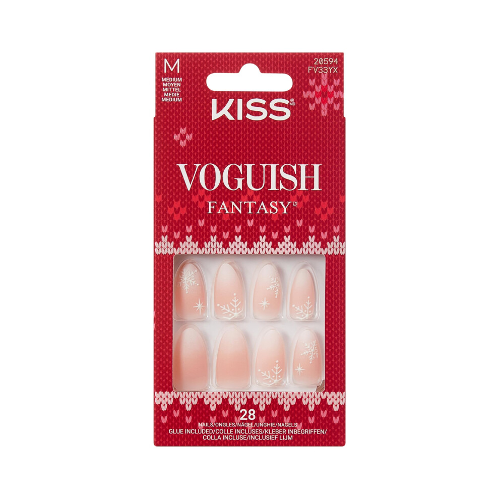 Kiss Pink Voguish Fantasy Holiday Press On Nails Almond, Sleigh All, Nude, Medium Length, No Damage To Natural Nails, Gel Nail Glue (2G), Mini Nail Fi