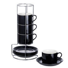 3oz Porcelain Cappuccino Cups with Saucers and Metal Stand, Stackable Coffee Cups for Specialty Coffee Drinks Cups 4Pcs