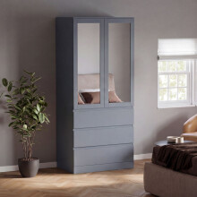 (Grey) Modern 2 Door 3 Drawer Mirrored Wardrobe, Denver – Bedroom Storage Closet with Hanging Rail & Drawers