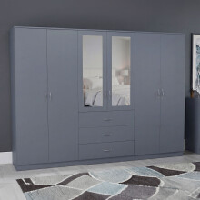 (Grey) Modern 6 Door 3 Drawer Mirrored Wardrobe, Riano – Bedroom Storage Closet with Hanging Rail & Drawers