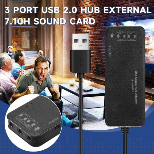3 Porte USB 2.0 Hub External 7.1Ch Scheda audio Auricolare Microfono Adattatore per PC nero 1