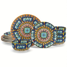 (06 - 12 Pcs) 12pcs Dinner Set Stoneware Bohemian Style Tableware with Dinner Plate Dessert Plate Cereal Bowls Service for 4