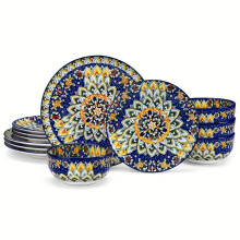 (05 - 12 Pcs) 12pcs Dinner Set Stoneware Bohemian Style Tableware with Dinner Plate Dessert Plate Cereal Bowls Service for 4