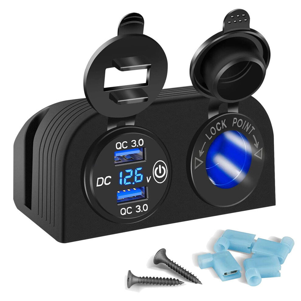 Torribaly Tent Type Panel Two Hole, Quick Charge 3.0 Dual Usb Car Charger+12V/24V Socket For Car Motorcycle Boat Marine Atv Rv