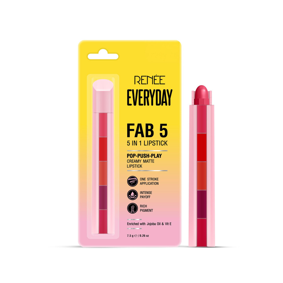 Renee Everyday Fab 5 5-In-1 Lipstick | 5 Shades In 1 Stick, Matte Finish, Intense Colour Pay-Off | Creamy Formula, Glides Easily, One Stroke Applicati
