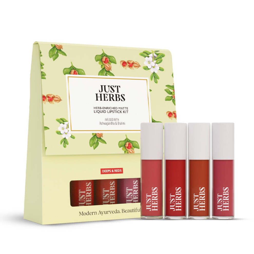 Just Herbs Herb Enriched Matte Liquid Lipstick | Set Of 4 | Ayurvedic Lipstick For Women | Hydrating & Lightweight | Long Lasting (Deeps And Reds)