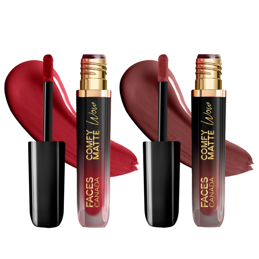 Facescanada Brown Faces Canada Comfy Matte Wow Liquid Lipstick - The Bold Edit, (3.8Ml X 2) | Cocoa Crush 07 + Maroon Maven 05 | Long Lasting | Matte Finish | Lipstick