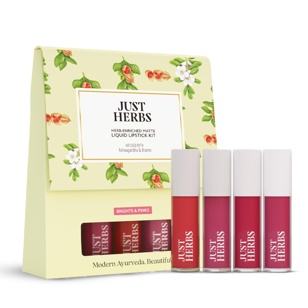Just Herbs Herb Enriched Matte Liquid Lipstick | Set Of 4 | Ayurvedic Lipstick For Women | Hydrating & Lightweight | Long Lasting (Brights & Pinks)