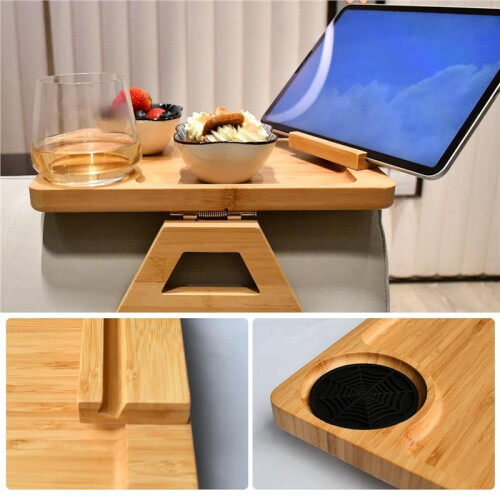 Bamboo Foldable Sofa Arm Tray with Cup Holder & 360 Phone Holder 2