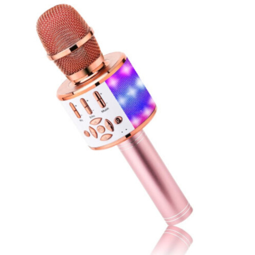 Ασύρματο μικρόφωνο καραόκε Bluetooth Rose Gold 4 σε 1 με ηχείο LED για παιδιά και ενήλικε