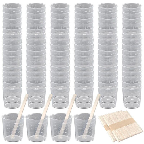 100 Pack 30Ml/2Oz Plastic Graduated Cups Transparent Scale Cups Clear Epoxy Mixing Cups with 100 PCS Stirring Sticks