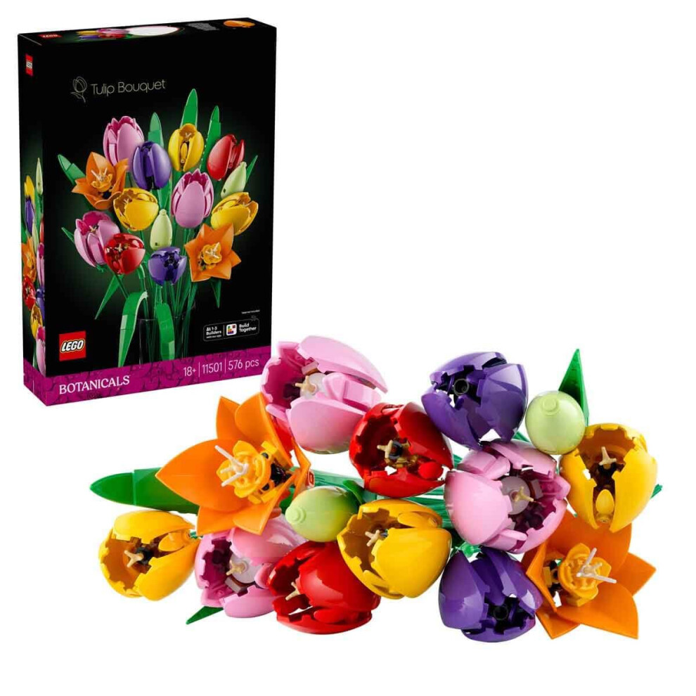 Lego Botanicals Tulip Bouquet - Artificial Flowers Building Set For Adults - Incl. 14 Faux Tulips In 5 Colours For Table & Home Decor - Diy Gift Idea