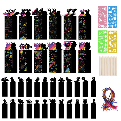 Vicloon Scratch Art for Kids 48Pcs Magic Rainbow Bookmarks Scratch Art Part