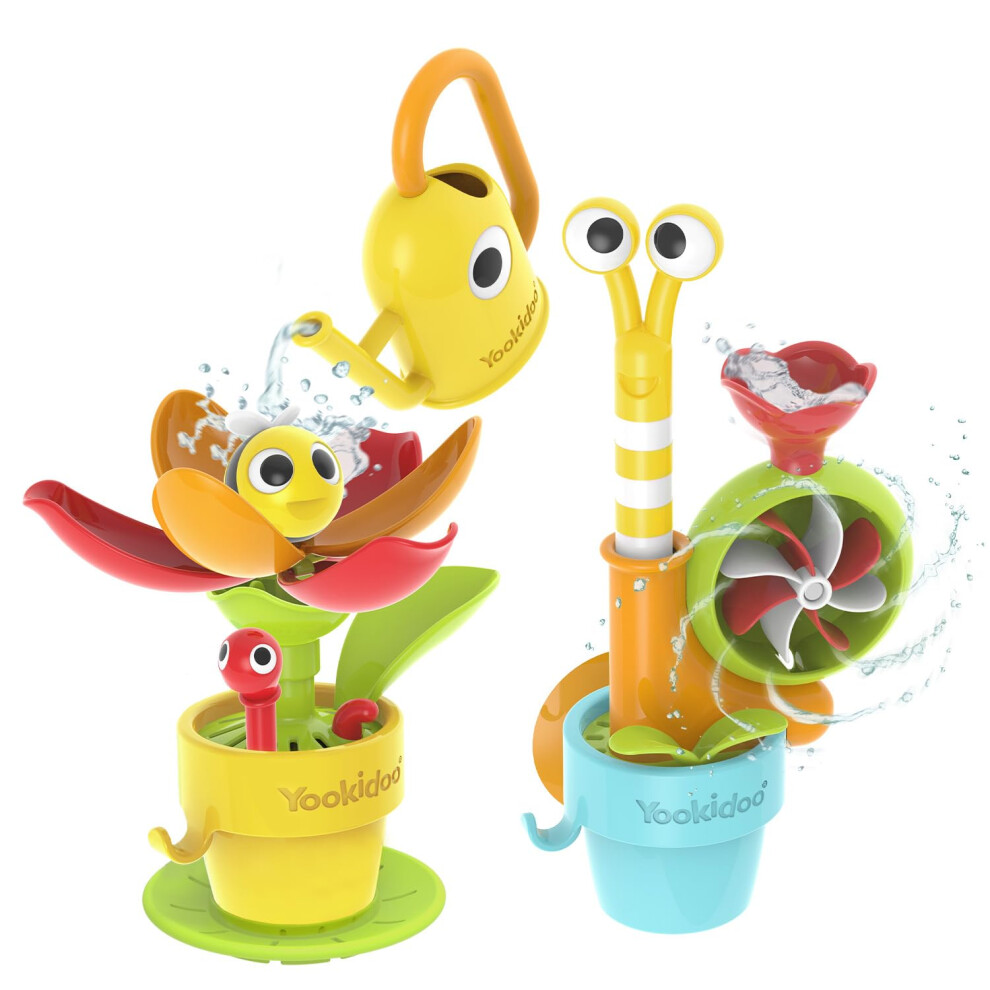 Yookidoo Toddler Baby Bath Toy (Ages 1-3) Pour 'N' Grow Pop Up Garden Adventure Set Bundle: Pop-Up Snail & Flower With Watering Can Attach To Any Tub