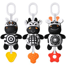 Aolso Baby Pram Pushchair Toys, 3Pcs Hanging Rattle With Teether, Black and White High Contrast Sensory Educational Toy for Newborn Car Seat, Boys an