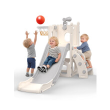 hoopyosms Plastic Kids Slide with Ladder, Basketball Hoop & Toy Telescope, Indoor & Outdoor Activity Playset for Toddlers & Preschoolers(Grey)