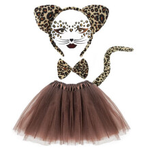 EUPSIIU 5 Pieces Leopard Costume Set Include Face Sticker Leopard Ears Bow Tie Tail Brown Tutu Skirt Animal Costume Set for Kids Carnival Cosplay Hall