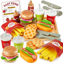 BUYGER Toy Play Food Set, Fast Food Playset, Wooden Hamburger Toy Set