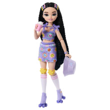 Barbie Dream Besties Doll and Accessories, Renee Posable Roller Skating Fashion Doll with Black Hair, 12 Video & Food Themed Pieces, JFX99
