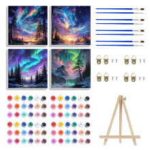 PHANTASYART 4 Pack Paint by Numbers for Adults with Frame-Aurora Painting by Numbers for Adults with Wooden Easel,Landscape Adult Paint by Numbers fo