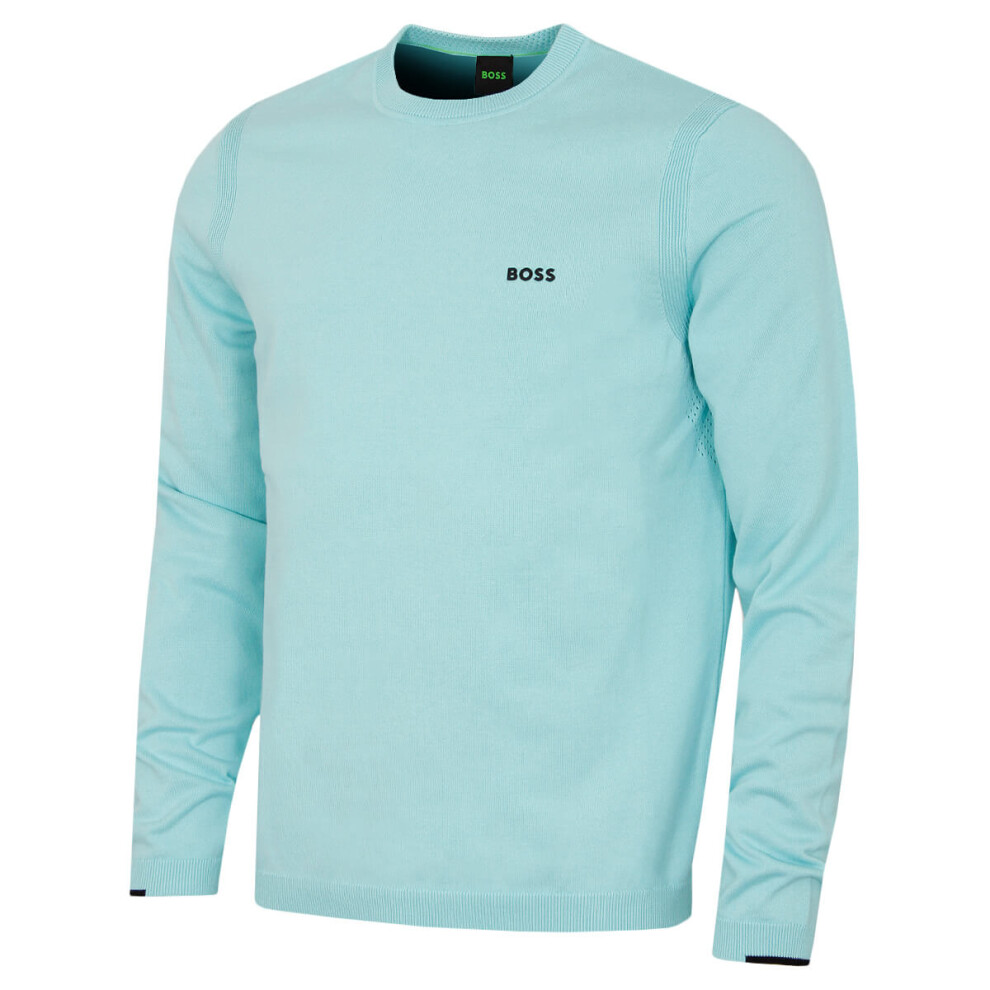 Hugo Boss (L, Light ) Mens Ever-X Soft Cotton Perforated Crew Neck Golf Sweater Blue