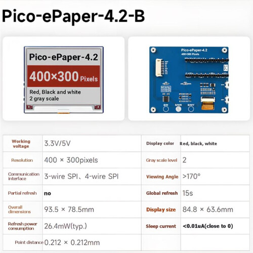 4.2inch EPaper Display for Raspberry Pi  E-Ink Red/White/Black 400x300 Pixels SPI Communication Interface Screen